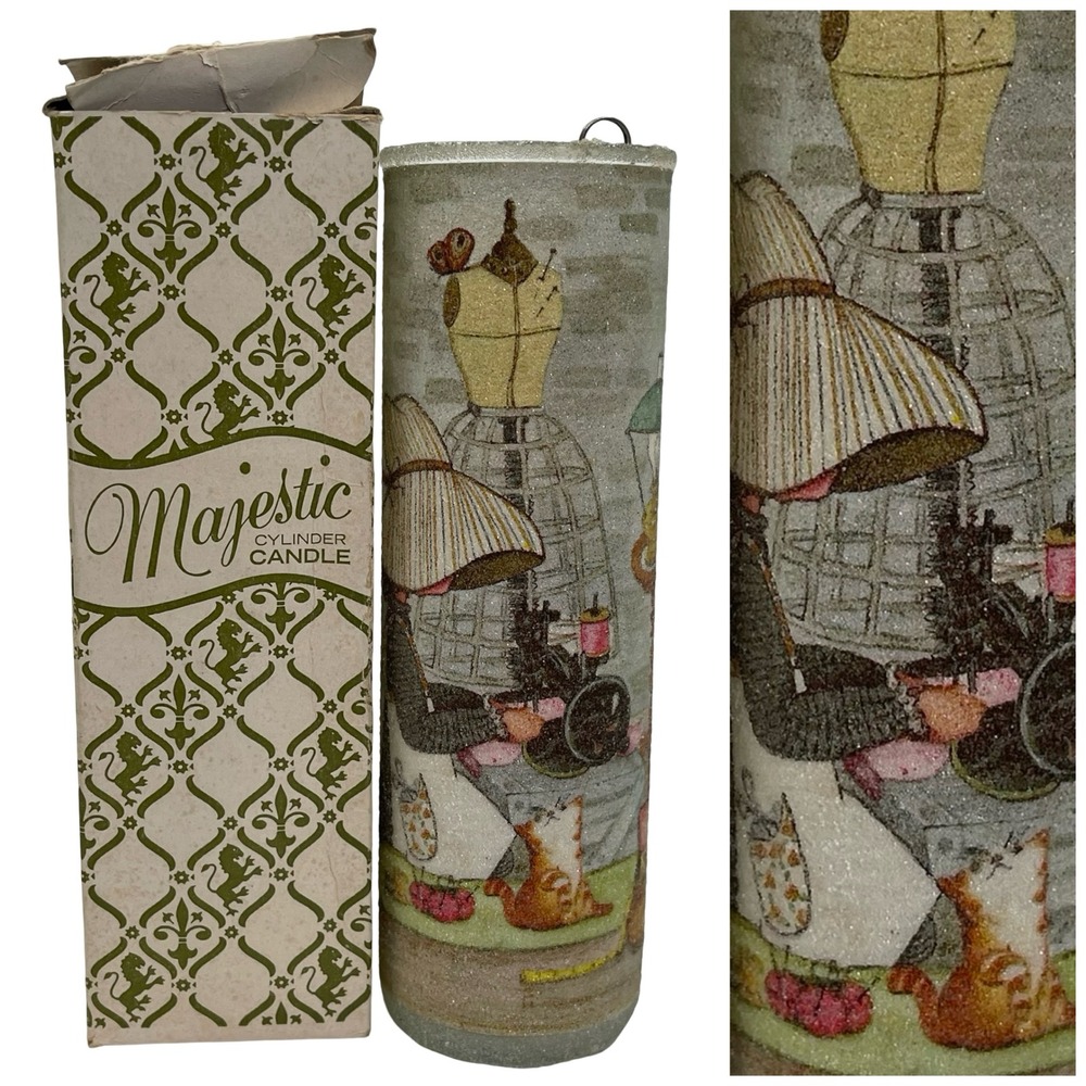 Vtg Majestic Cylinder‎ Candle Cottagecore Sewing Girl Cat Sugar Frosted 1970s